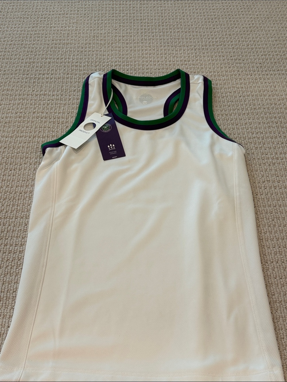 Wimbledon White Tennis Tank with Green & Purple Trim